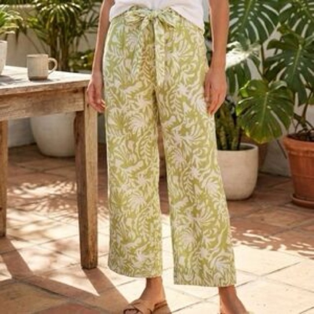 Rachel Zoe Green 100% Linen Pattern Wide Leg Pants, Size L, Like New!